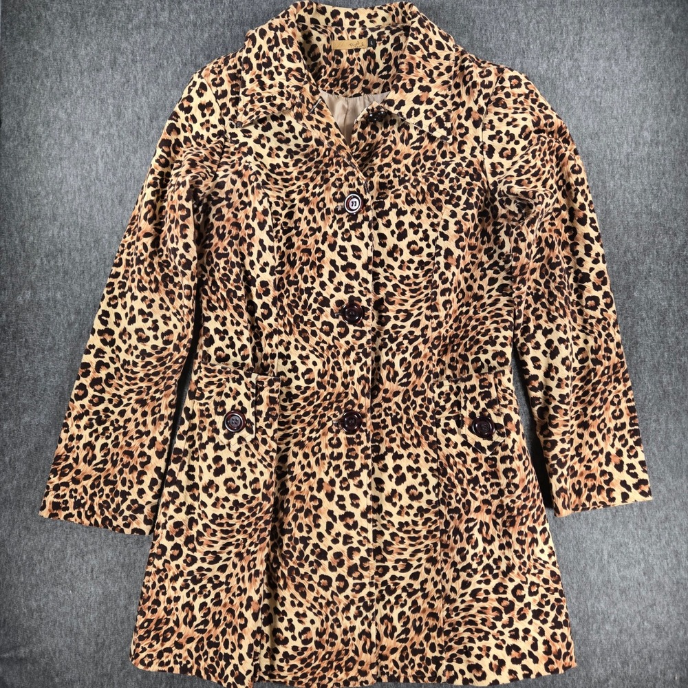 VTG Final Touch Leopard Print Trench Coat Womens L Brown Animal Print Button Up